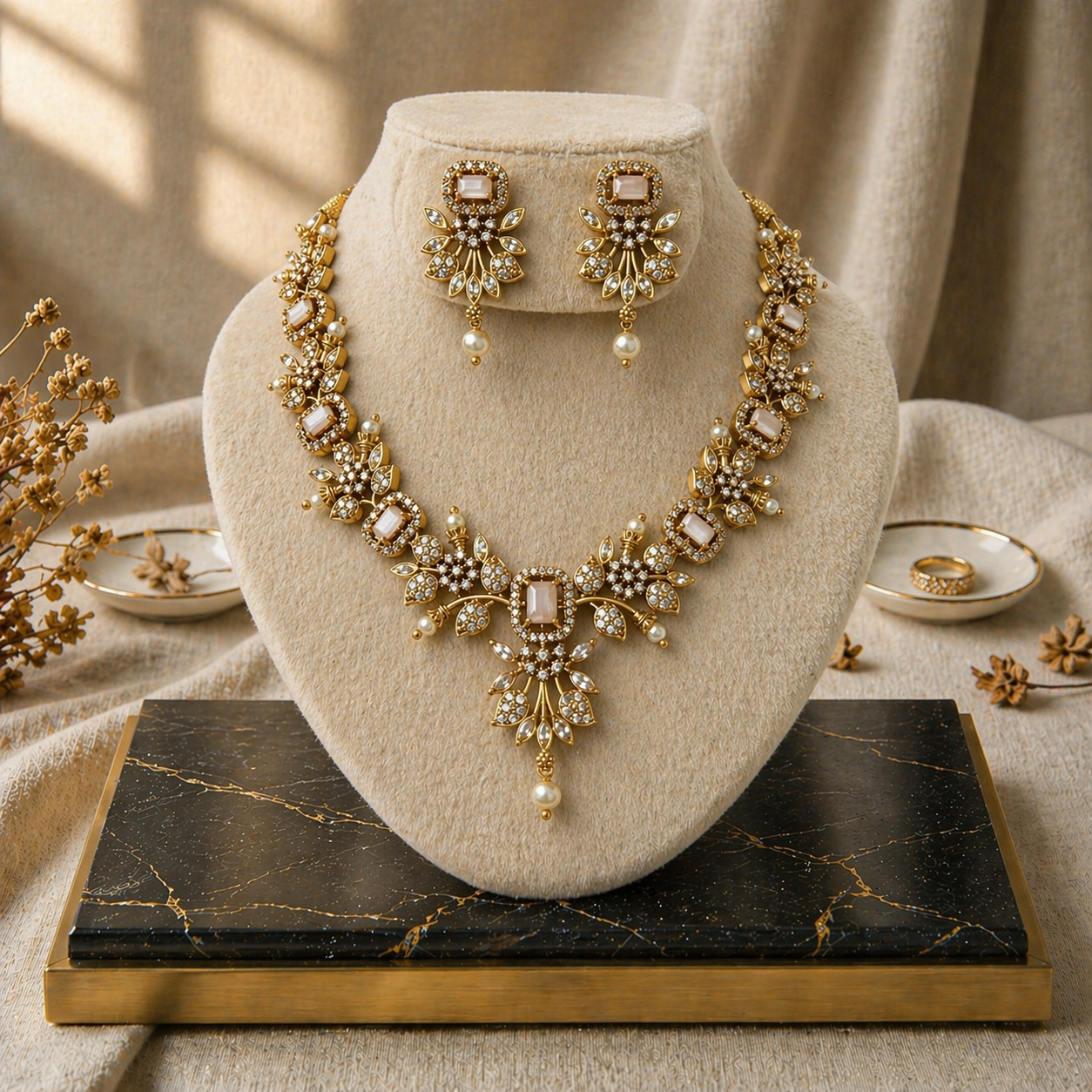 Floral Necklace & Earring Set Light Pink
