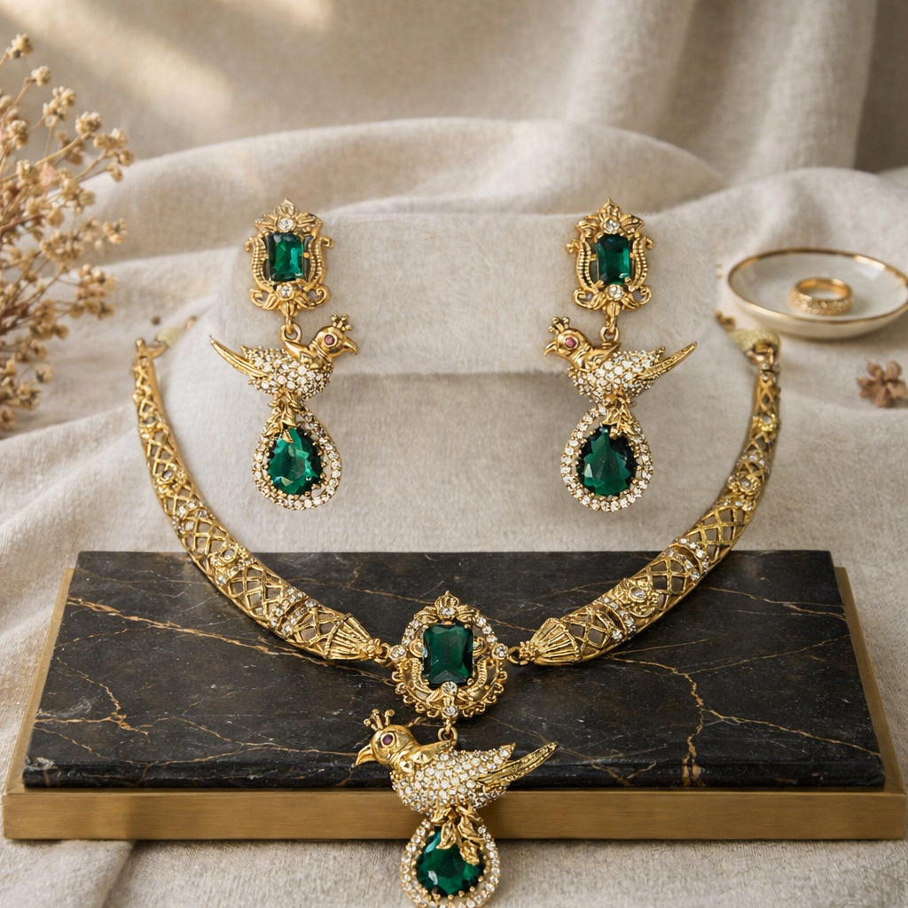 Emerald Green Peacock Bird Necklace & Earring Set