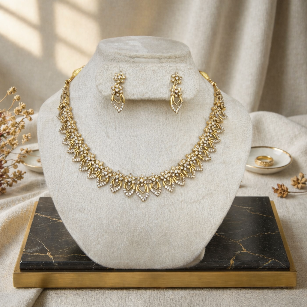Diamond Floral Leaf Necklace & Earring Set