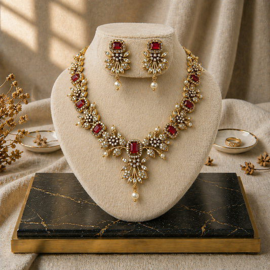 Floral Necklace & Earring Set Red