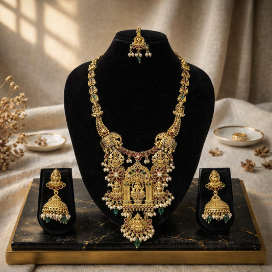 Lakshmi Temple Bridal Haaram Necklace Set with Jhumkas & Maang Tikka