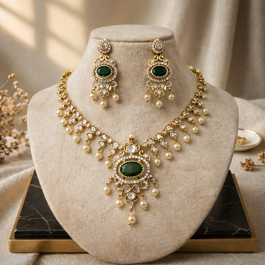 Emerald Oval Kundan Necklace & Earring Set Green