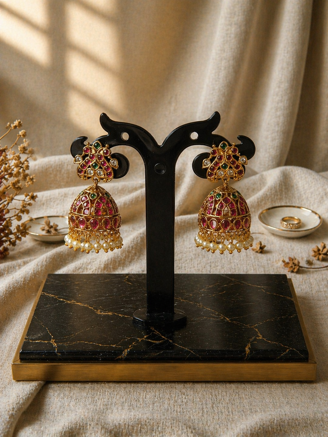 Kundan Ruby Emerald Dome Jhumka Earrings