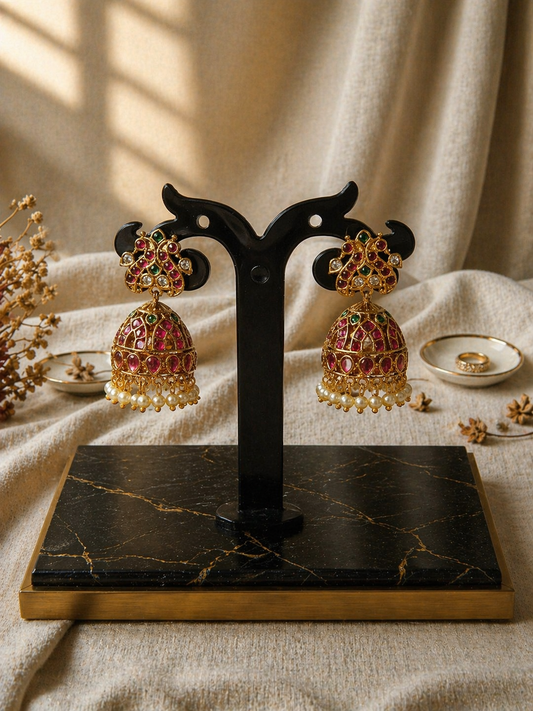 Kundan Ruby Emerald Dome Jhumka Earrings