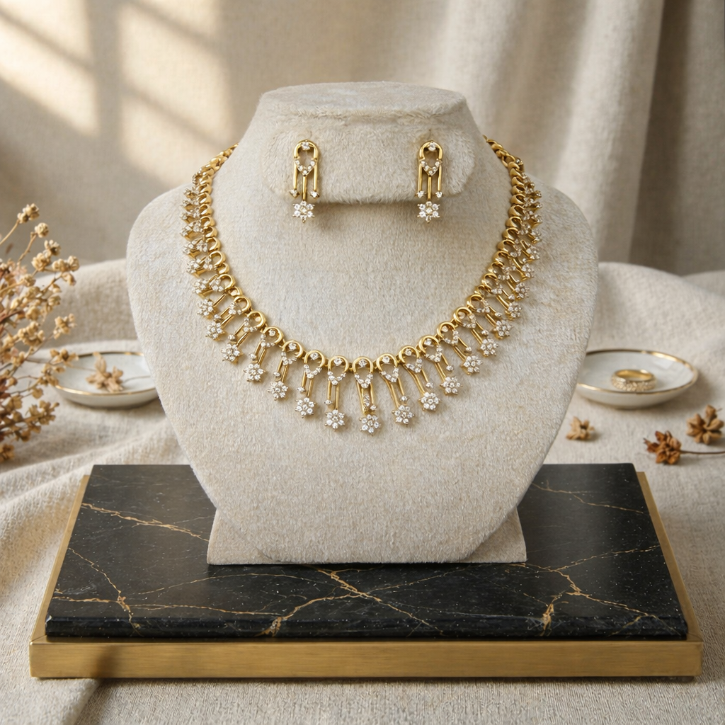 Diamond Cascade Floral Necklace & Earring Set