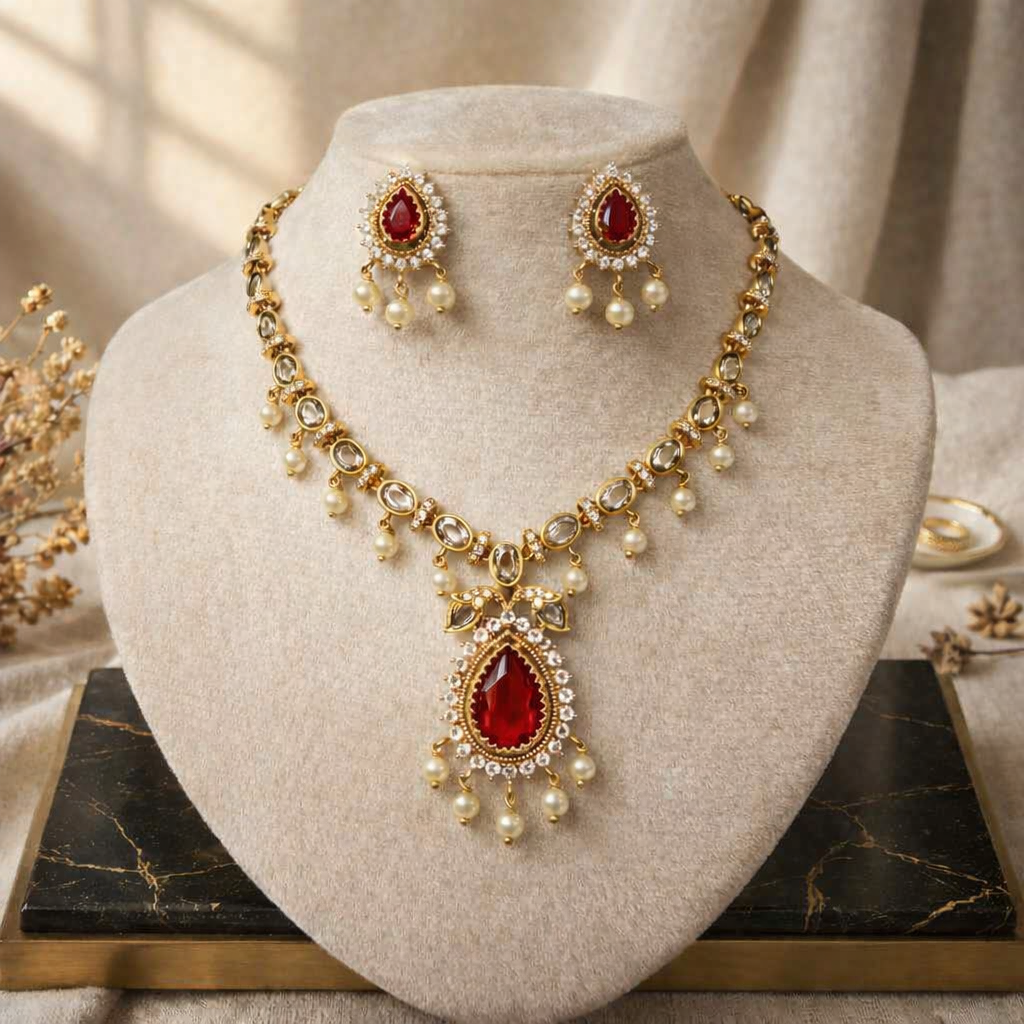 Emerald Royale Necklace & Earring Set Red