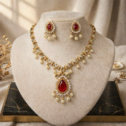 Emerald Royale Necklace & Earring Set Red