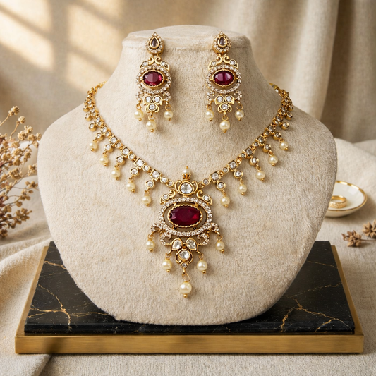 Emerald Oval Kundan Necklace & Earring Set Red